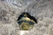 Aerial view about an amazing Tarn in Szalajka valley near by Szilvasvarad hUngary. A part of Bukk national park. Amazing winter view with fresh snow.