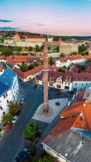 Amazing cityscape about Eger city in Hungary. Fantastic famous attractions are here. Turkish bath mindaret University basilica ferris wheel adn much more.