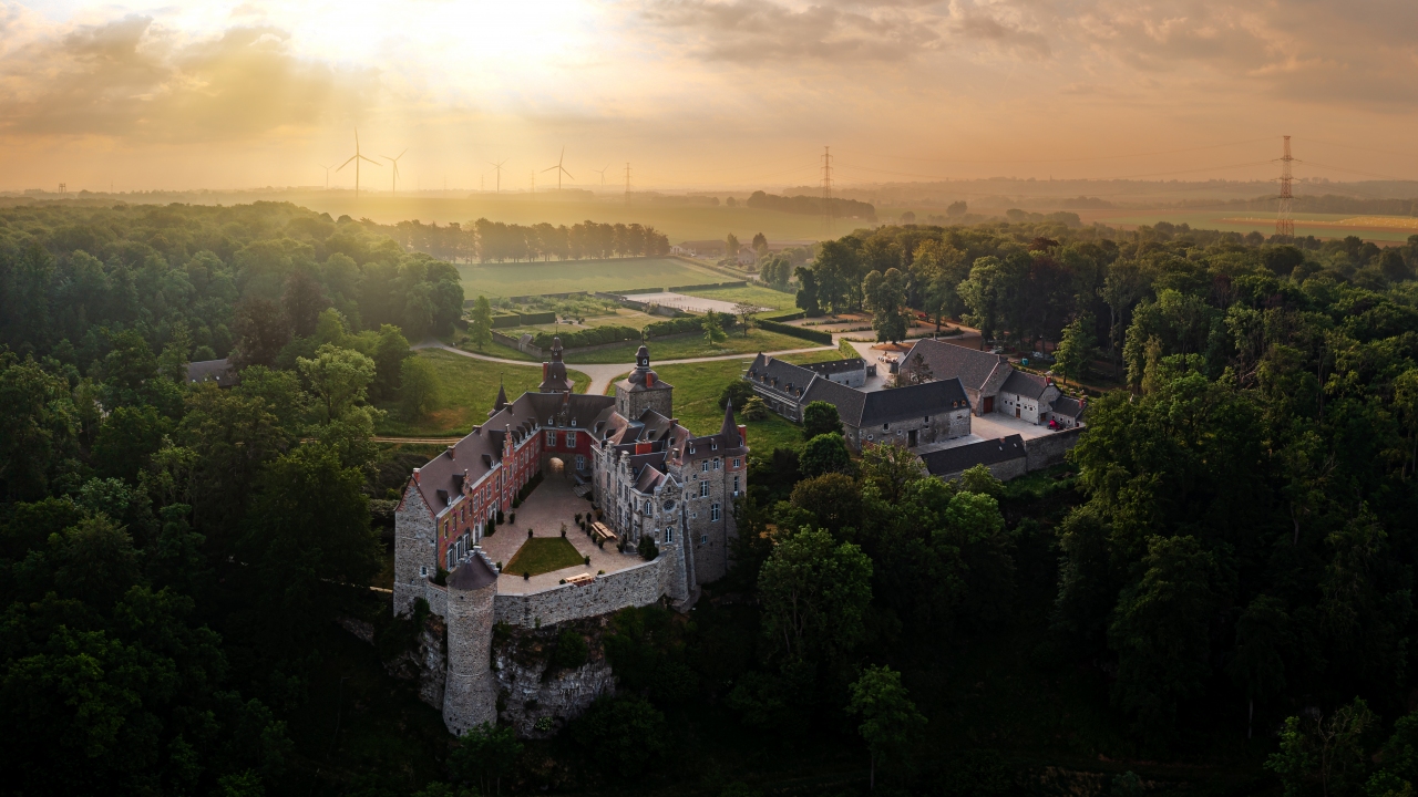 MIelmont castle in Belgium Mazy town. More than 800 years old medival castle panoramic view with amazing mornig lights. This is a luxury hotel.