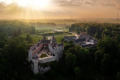 MIelmont castle in Belgium Mazy town. More than 800 years old medival castle panoramic view with amazing mornig lights. This is a luxury hotel.