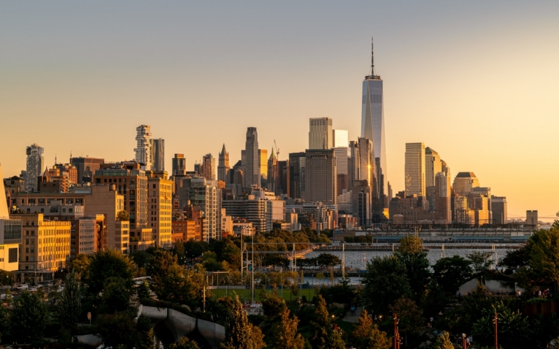 View from Little Island is on Hudson River Park, Pier 55 in Manhattan. There is a large piublic space what is visitable for free. Iconic Manhattan skyscrapers on the background