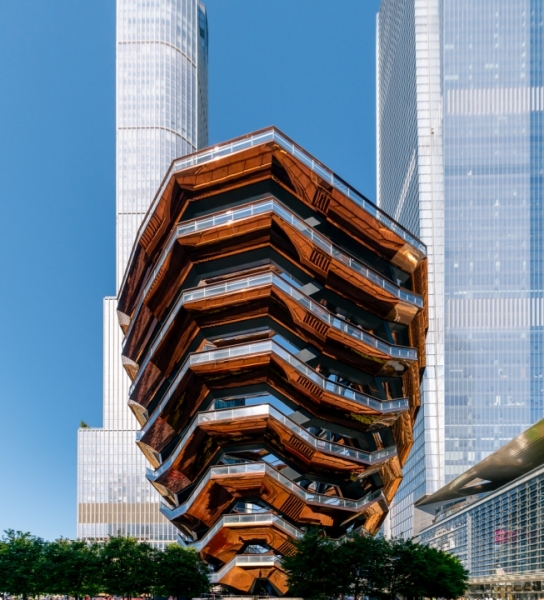 09.21.23. USA, New York. The vessel is an architecture in Hudson yardss. 16 storey high sight The Vessel is closed because of its use in a number of suicides. Ground floor is visitable