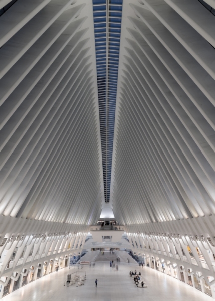 Unique view about the Oculus building in Lower Manhattan New Yourk city. This is a fantastic shape modern architevcture next to 9/11 memorial museum and One world trade center.