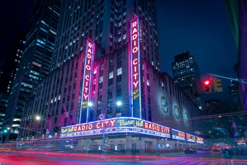 09.19.23. New York city, USA. illuminated Radio city music hall in Midtown of NYC near by Rockefeller center. Famous theater in Manhattan.