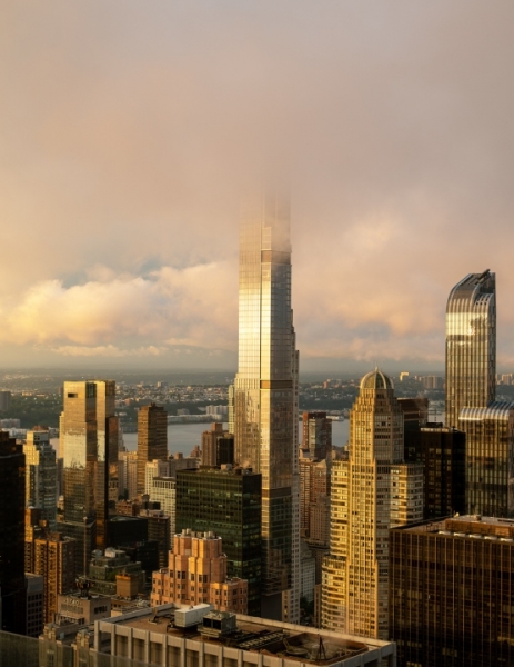 Epic sunset after the rain. Amazing aerial cityscape landscape about New York city, Manhattan. Famous skyscrapers on the photo. Cloud covered high lines.