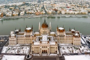 Aerial view about the Hungarian Parliament building. Old, historical and famous building. St stephen basilica in the background