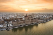 Aerial view about the Hungarian Parliament building. Old, historical and famous building. St stephen basilica in the background