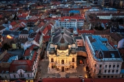 Aerial cityscape about Pecs City hungary. National theatre in teh middle of pictuire. Hungarian name is Magyar nemzeti színház