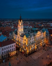 Aerial cityscape about the main square in Pecs city. City hall in this photo with clock tower