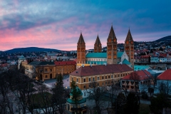Aerial photo about the Giant church in Pecs city. Hungary. Hungarian name is Pécsi bazilika.