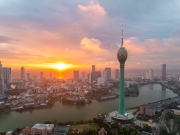 Panoramic photo about Colombo city with The Lotus Tower in Colombo, Sri Lanka, is a 350-meter-tall structure resembling a lotus flower. It serves as a telecommunications hub and offers panoramic city views.