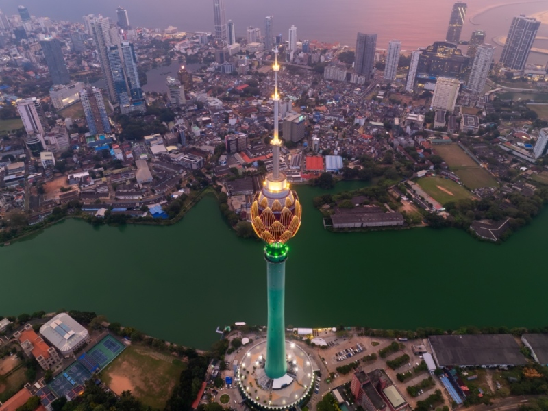 The Lotus Tower in Colombo, Sri Lanka, is a 350-meter-tall structure resembling a lotus flower. It serves as a telecommunications hub and offers panoramic city views