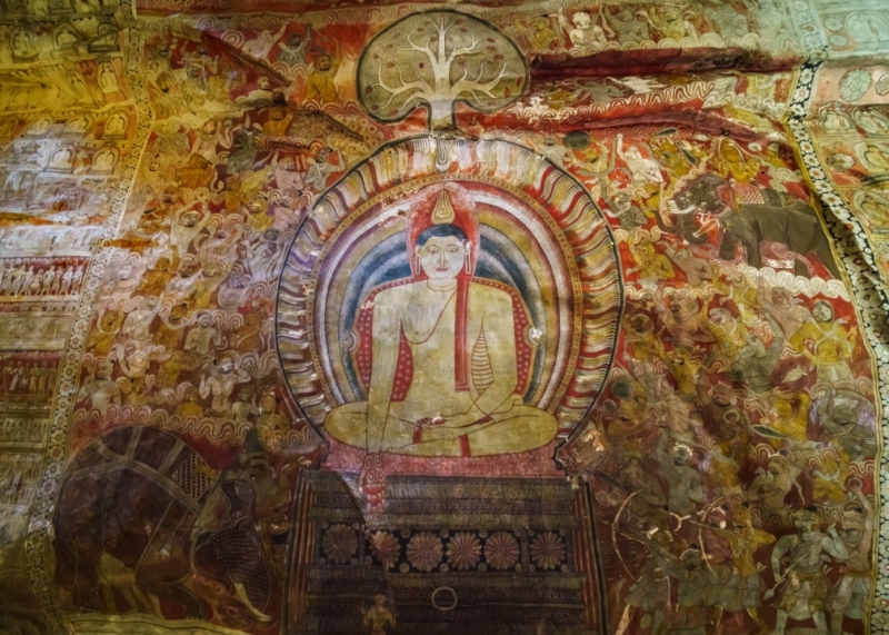 The Dambulla Cave Temple in Sri Lanka is a UNESCO World Heritage Site featuring over 150 Buddha statues and intricate murals within five sacred caves