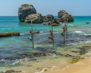 Traditional  fishermens fishing on a stick on the coast of Koggala, Sri Lanka