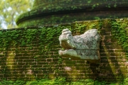 The image depicts the Vatadage, a circular relic house in Polonnaruwa’s Sacred Quadrangle, showcasing intricate stone carvings and ancient architecture under a clear sky