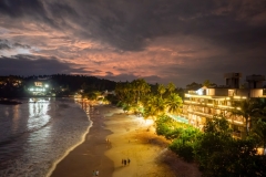 Aerial night photo about the beach restaurants in Mirissa Beach Matara District Southern Province Sri Lanka.
