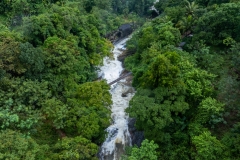 The image showcases Bambarakiri Ella Falls, a picturesque 3-meter waterfall near Rattota in Matale, Sri Lanka, surrounded by lush evergreen forest and featuring a charming suspension bridge