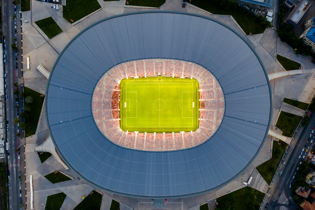 Aerial photo about the Puskas arena in Budapest Hungary. Venue for several matches in 2021 for champions league