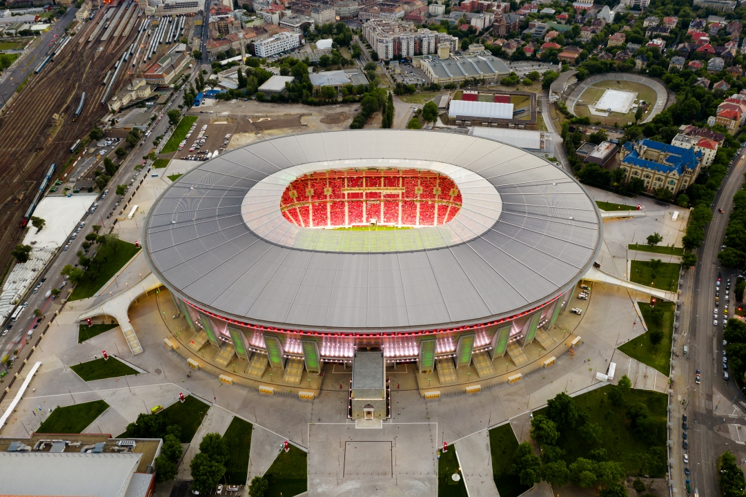 Aerial photo about the Puskas arena in Budapest Hungary. Venue for several matches in 2021 for champions league