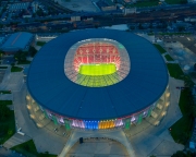 Amazing giant arena building in Hungary.  illuminated Ferenc Puskas Stadium also known as Puskas Arena. builtr in 2020.