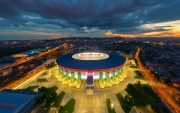 Amazing giant arena building in Hungary.  illuminated Ferenc Puskas Stadium also known as Puskas Arena. builtr in 2020.