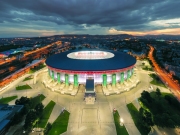 Amazing giant arena building in Hungary.  illuminated Ferenc Puskas Stadium also known as Puskas Arena. builtr in 2020.