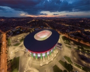 Amazing giant arena building in Hungary.  illuminated Ferenc Puskas Stadium also known as Puskas Arena. builtr in 2020.