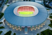 Amazing giant arena building in Hungary.  illuminated Ferenc Puskas Stadium also known as Puskas Arena. builtr in 2020.