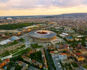 Amazing giant arena building in Hungary.  illuminated Ferenc Puskas Stadium also known as Puskas Arena. builtr in 2020.