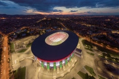 Amazing giant arena building in Hungary.  illuminated Ferenc Puskas Stadium also known as Puskas Arena. builtr in 2020.