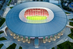 Amazing giant arena building in Hungary.  illuminated Ferenc Puskas Stadium also known as Puskas Arena. builtr in 2020.