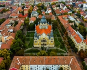 Aerial cityscape with new synagogue about Szeged Hungary. Amazing panormaic view about the downtown. The jewis synagogue in the middle. ú