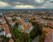 Aerial cityscape with new synagogue about Szeged Hungary. Amazing panormaic view about the downtown. The jewis synagogue in the middle. ú