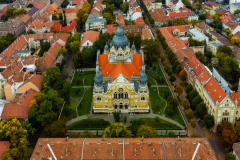 Aerial cityscape with new synagogue about Szeged Hungary. Amazing panormaic view about the downtown. The jewis synagogue in the middle. ú