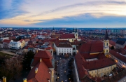 Aerial photo about  the old downtown of Szekesfehervar in Hungary. Amazing old historical buildings include churches, statues and monuments.
