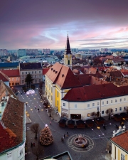 Aerial photo about  the old downtown of Szekesfehervar in Hungary. Amazing old historical buildings include churches, statues and monuments.
