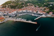 Harbor of Piran city Slovenia. most beautiful city in  Slovenian adriatic sea. Historical old town big bay and harbor for fishers and boat owners