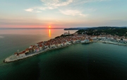 Panoramic photo about piran's old town in Slovenia Amazing morning lights in this peninsula with the Zvonik Campanile Bell Tower what is the landmark this town.