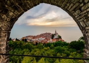 Unique hoto about piran old town Slovenia. Amazing sunset lights in this peninsula with the Zvonik Campanile Bell Tower what is the landmark this town