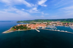 Aerial cityscape about Izola town Slovenia. Unique mediterranic cute little town in adriatic sea near by Piran city.