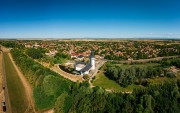 Turistical eco center of lake Tisza in Poroszlo city Hungary.  Hight quality aerial view with Poroszlo cityscape. The visitors can get to know Tisza lake's wildlife. Hungarian name is Tisza to