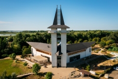 Turistical eco center of lake Tisza in Poroszlo city Hungary.  Hight quality aerial view with Poroszlo cityscape. The visitors can get to know Tisza lake's wildlife. Hungarian name is Tisza to