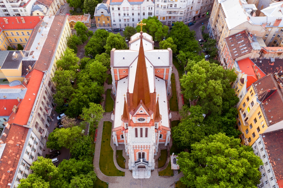 Church of St. Francis of Assisi in Budapest. Renwed catholic church in capital city of hungary. Popular tourist destination near by great central market. Fantastic aerial view with drone.