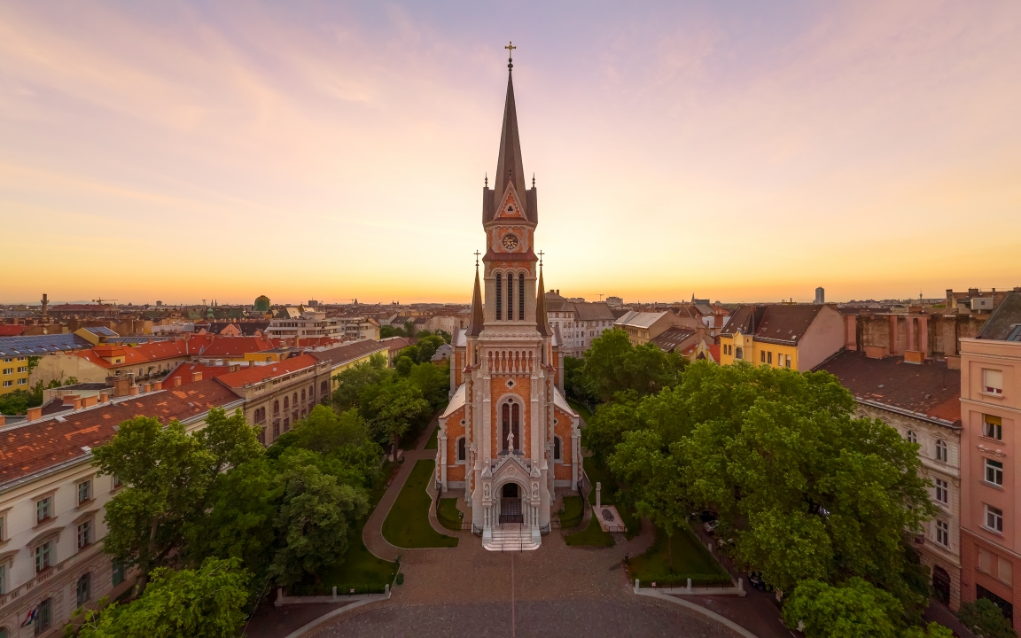 Church of St. Francis of Assisi in Budapest. Renwed catholic church in capital city of hungary. Popular tourist destination near by great central market. Fantastic aerial view with drone.