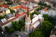 Church of St. Francis of Assisi in Budapest. Renwed catholic church in capital city of hungary. Popular tourist destination near by great central market. Fantastic aerial view with drone.