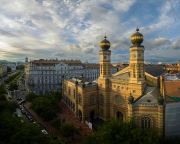Budapest, Hungary. Dohany street Synagogue aerial view. This is an Jewish memorial center also known as the Great Synagogue or Tabakgasse Synagogue. It is the largest synagogue in Europe