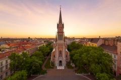 Church of St. Francis of Assisi in Budapest. Renwed catholic church in capital city of hungary. Popular tourist destination near by great central market. Fantastic aerial view with drone.