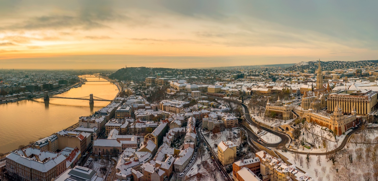 Aerial panoramic view from Budapest. Included Danube with Szechenyi chain bridge, Buda castle, Matthias churxh and fishermans bastion.
