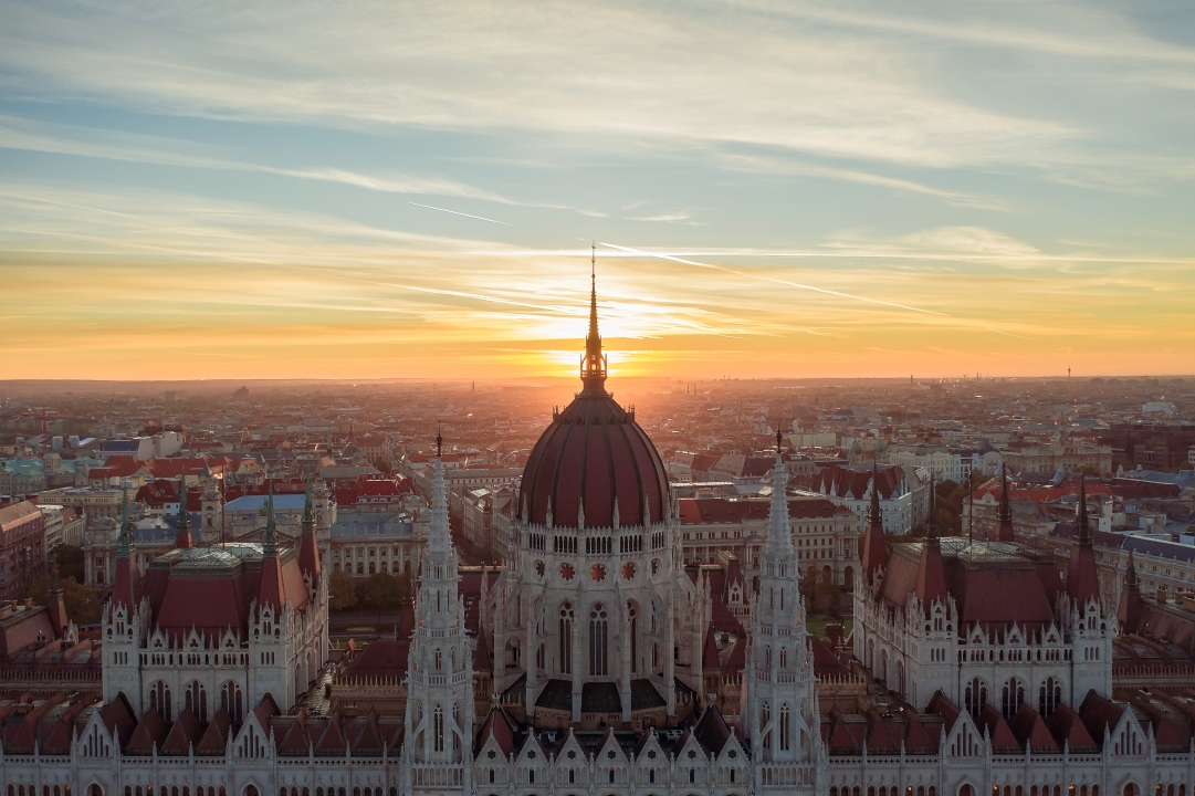 Amazing unuique aerial photo about the Hungarian Parliament building. Beautiful morning lights.
