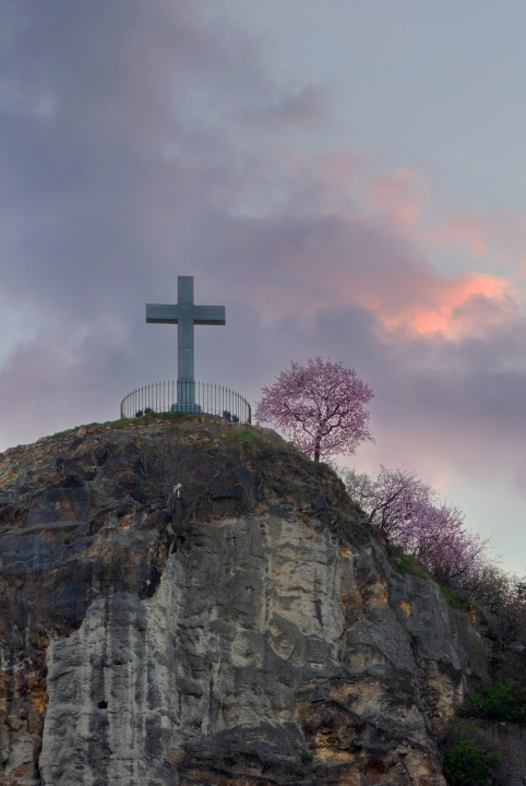 Christian cross with blooming tree and Liberty statue on the background in Gellert hill Budapest Hungary